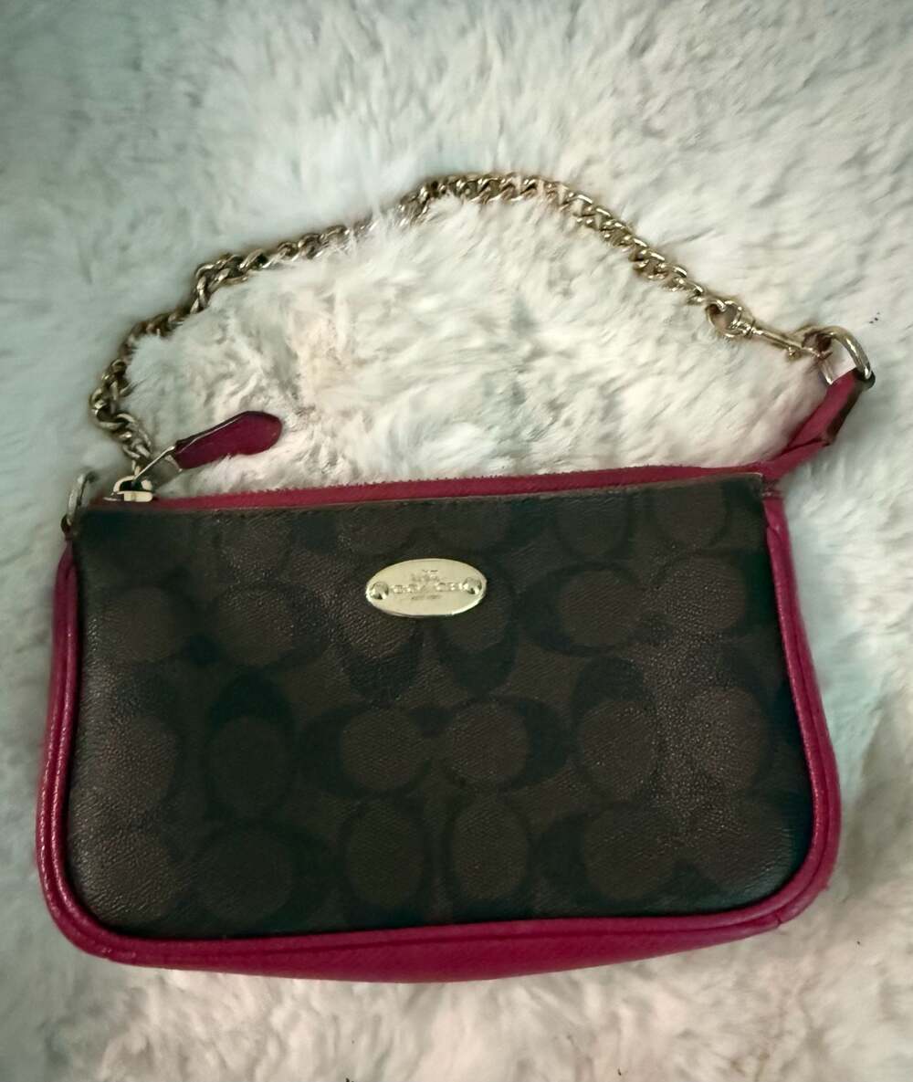 Coach Nolita 19 Signature Canvas Wristlet with Pink Leather and Gold Chain